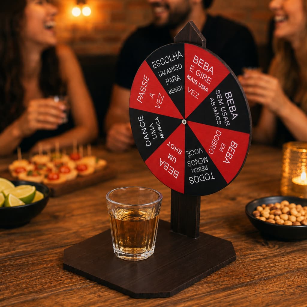 Jogo Roleta Drink Shot MDF Com Copo Acrílico Canelado Dose Festa Amigos Bar Presente Diversão