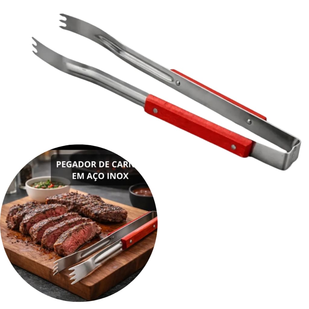 Pegador Para Carne Em Aço Inox Com Cabo De Madeira 47,5 Cm
