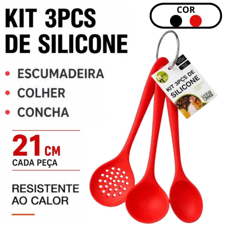Kit 3 Utensilios De Silicone 21CM Concha Escumadeira Colher Resistente Cozinha Preto Ou Vermelho