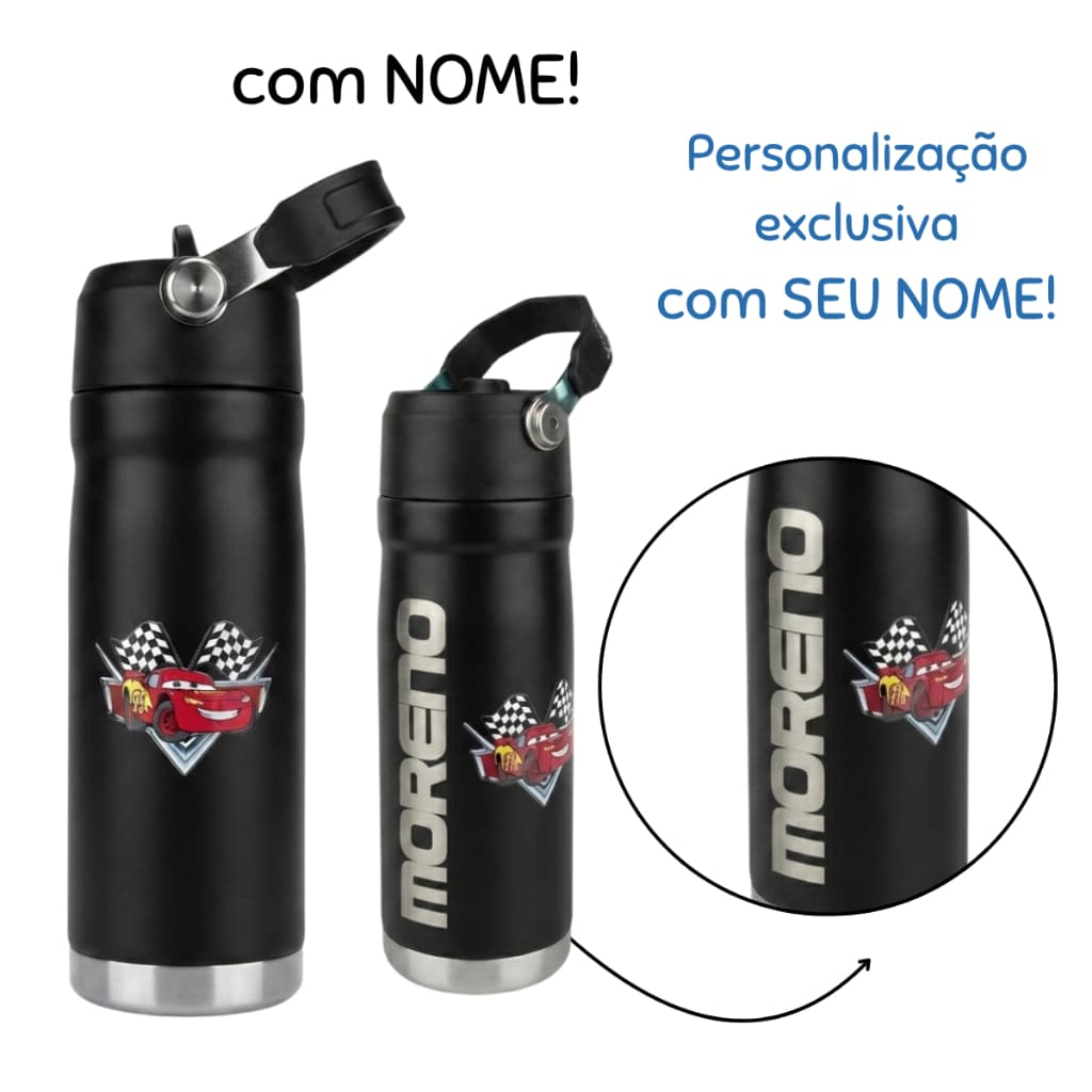 Garrafa Térmica Com Seu NOME Com BICO  Personalizada McQueen Trava de Segurança 650 ml INOX Infantil escola adulto