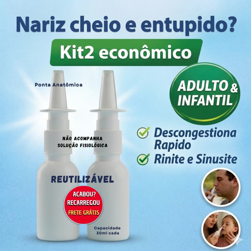 Spray Nasal Reutilizável Nariz Entupido Rinite Adulto Infantil Limpeza Nasal 2 Válvulas + Frascos
