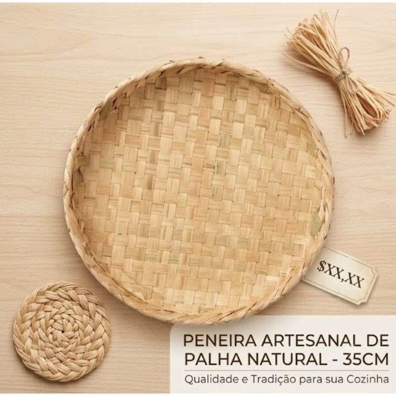 Peneira de palha decorativa 35cm com borda de palha carnaúba natural, Artesanal, Boho, Rústica, Cozinha