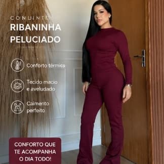 Conjunto Feminino Ribaninha Peluciado Inverno Calça Flare Manga Longa Tamanho Único