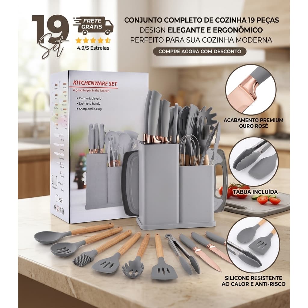 Jogo de Utensílios de Cozinha 19 Peças com Suporte - Prático e Completo para sua Casa