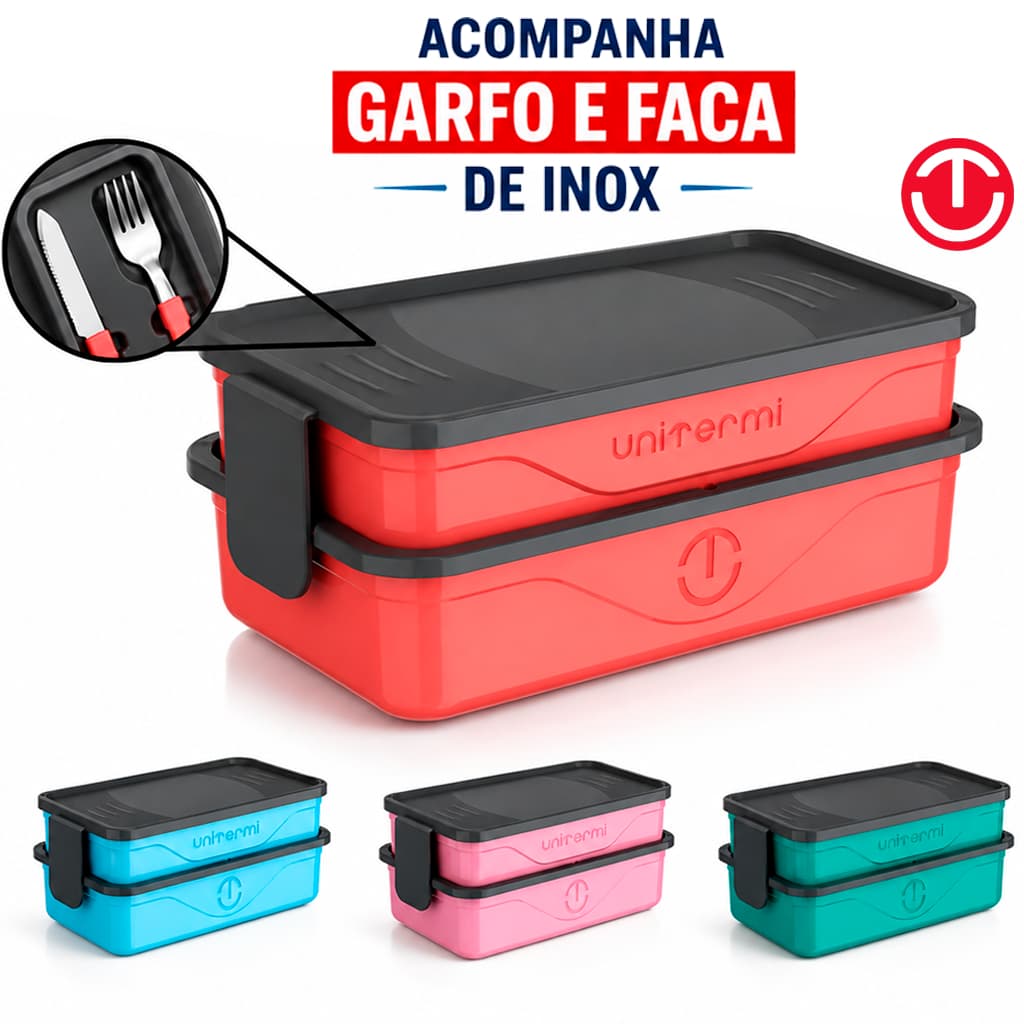 Kit Marmita Organizador Fit Hermético 1,3L Unitermi Marmiteira Califórnia C/ Talher Garfo Faca