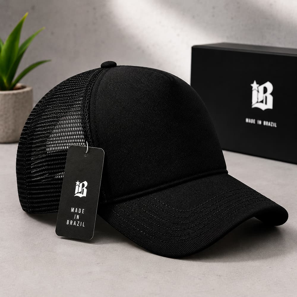 Boné Trucker Preto Liso Aba Curva Tela Respirável Unissex