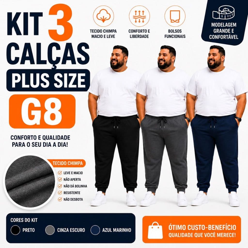 Kit 3 Calças Masculinas G8 Plus Size Com Bolsos