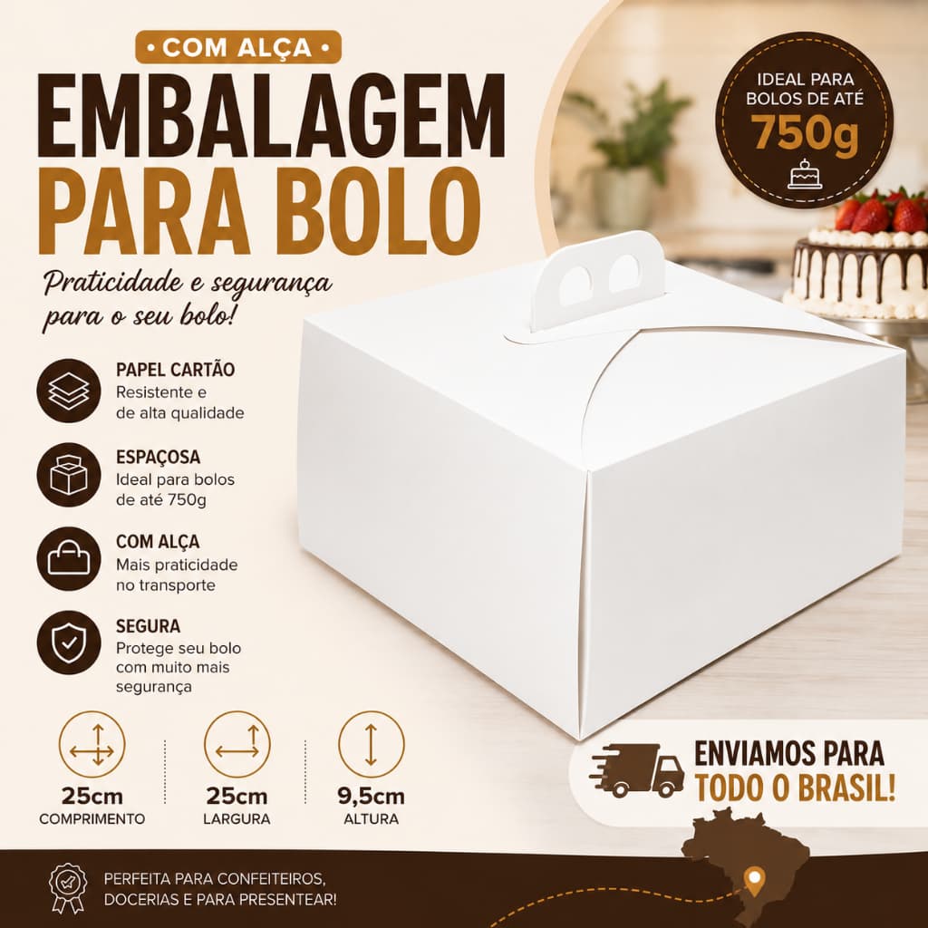 Caixa Embalagem Para Bolo Confeitado 750g 25x25x13,5 cm
