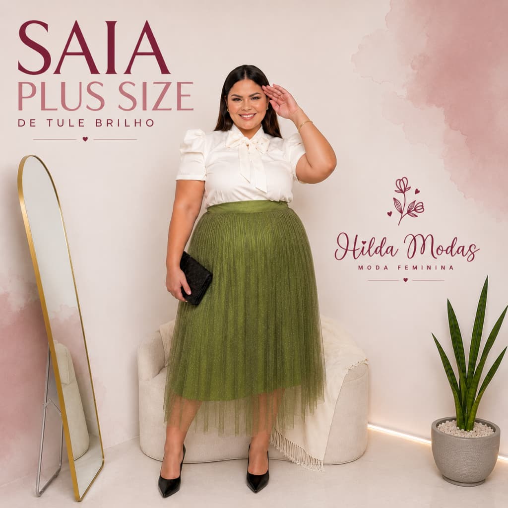 Saia PLUS SIZE G1, G2, G3, G4 Tule Cristal Midi Brilho Glitter forrada Moda evangélica Fardamento Festividade Congresso