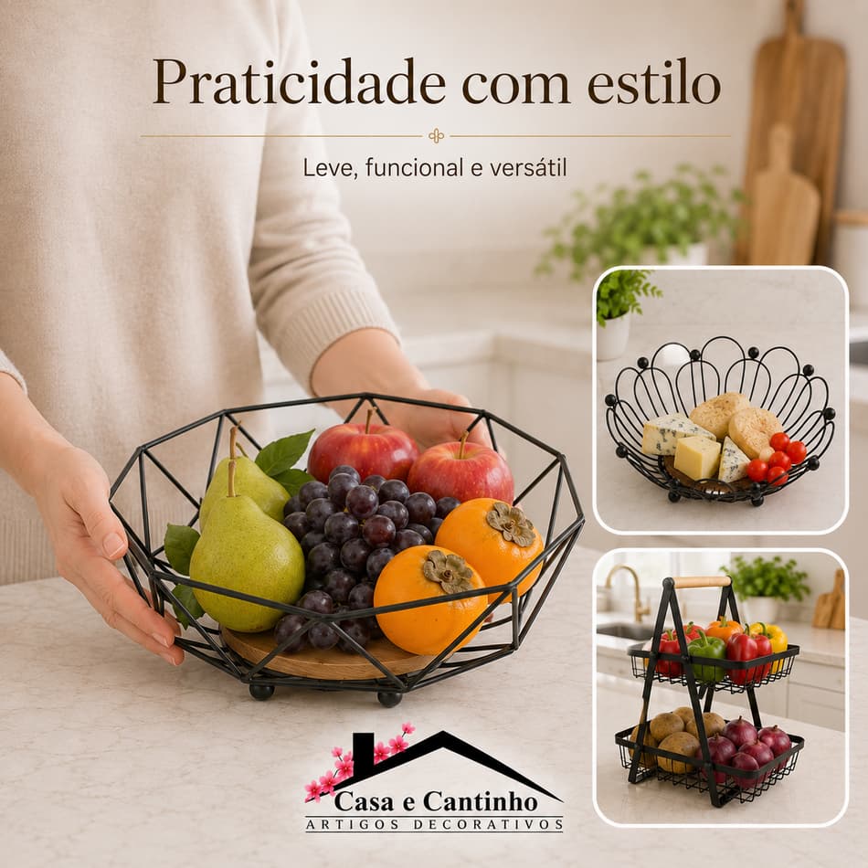 Fruteira de Mesa 2 Andares Ferro e Bambu Cesto Organizador para Café da Manhã Metal Preto Multiuso
