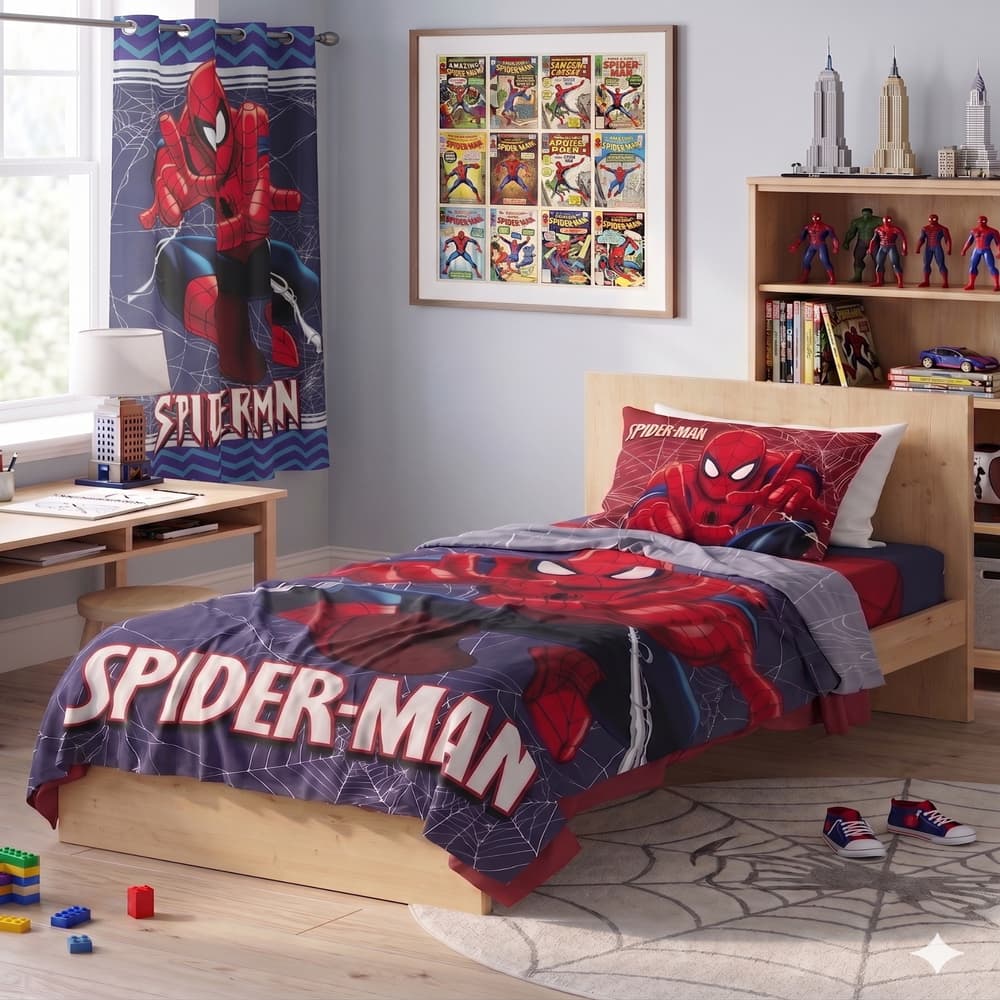 Kit Jogo de Quarto Infantil Cortina + Jogo Lençol, Kit Solteiro 3 Peças Casa Decoração Homem Aranha
