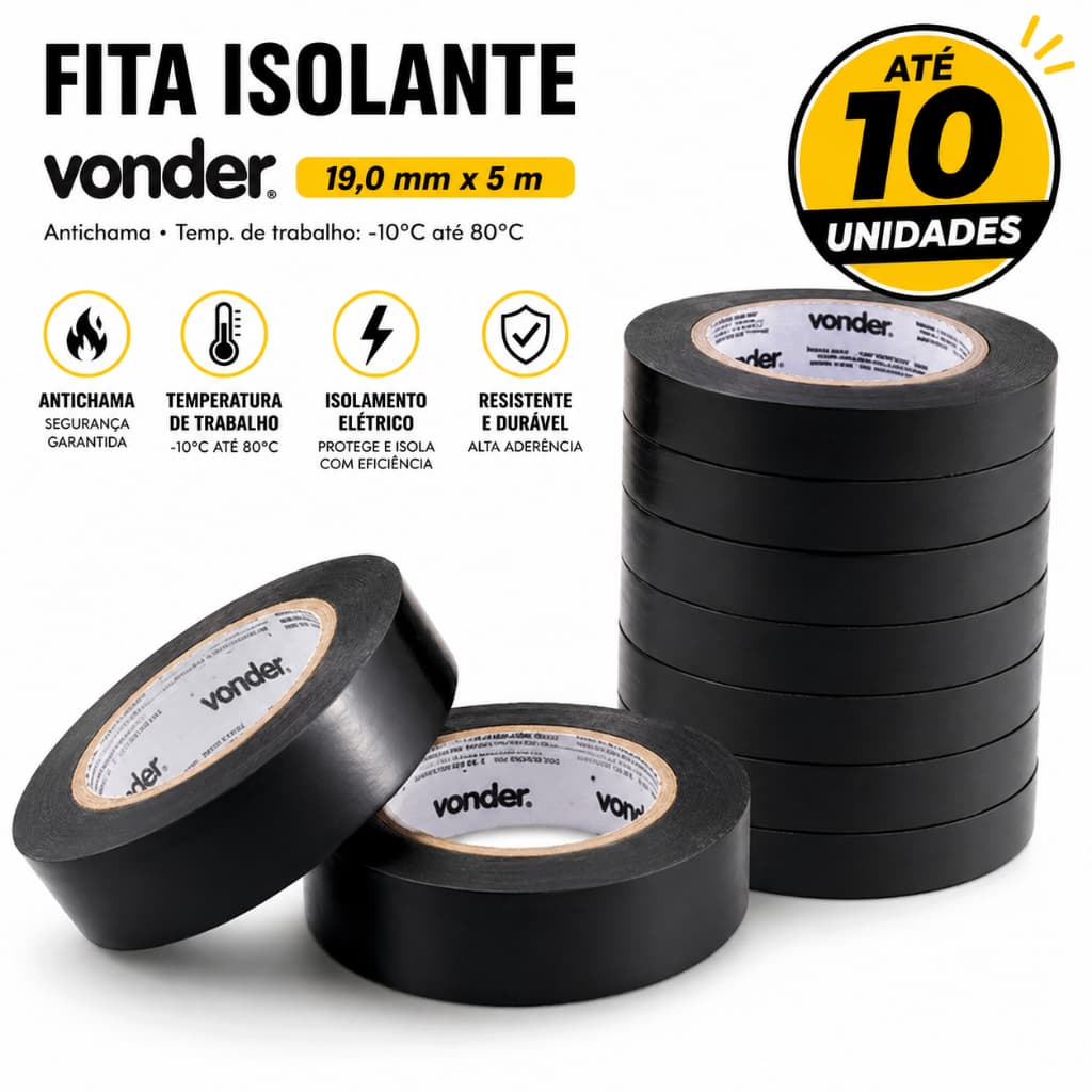 Fita Isolante Vonder 19mm x 5m Preta Antichama Alta Qualidade