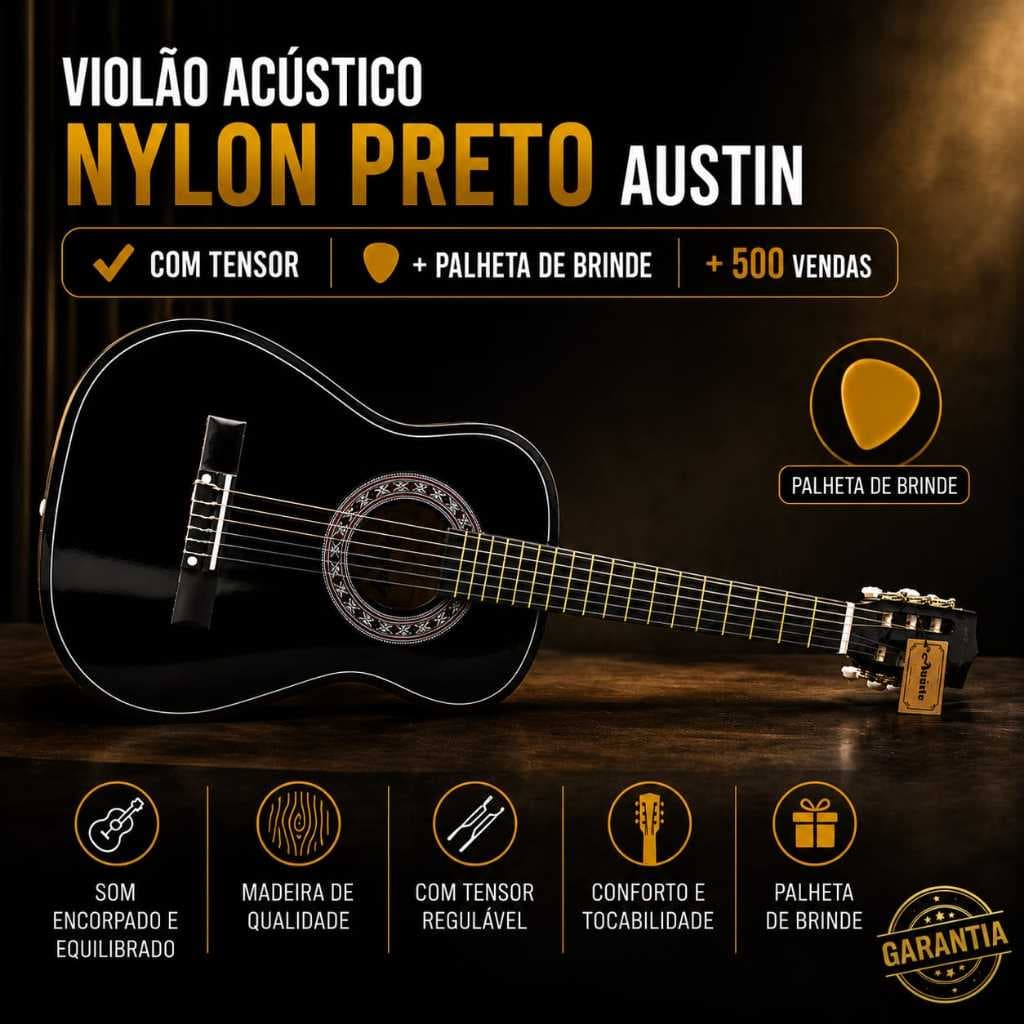Violão Acústico Cordas de Nylon Preto Austin + Palheta c/ Tensor +500 Vendas