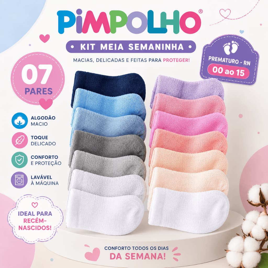 Kit Meia Bebê Semaninha 7 Pares RN Prematuro 00 a 15 Enxoval PIMPOLHO