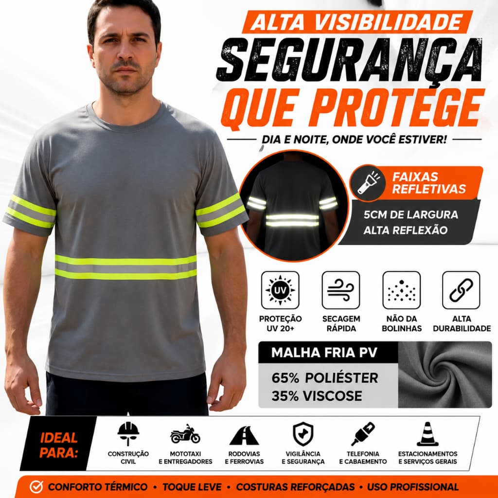 Camiseta Manga Curta Com Faixa Refletiva Malha Fria Trabalho Uniforme Rodovia Obra Uso Profissional