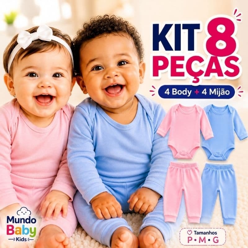Kit Body Bebê 8 Peças Manga Longa com Mijão Infantil Menino e Menina P/G