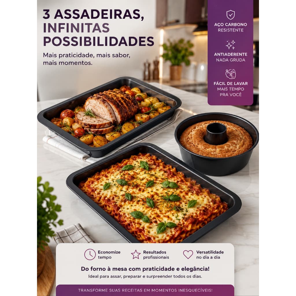 Kit Forma Redonda  Assadeira Retangular Antiaderente para Bolos Pudins Lasanhas Carnes e Assados