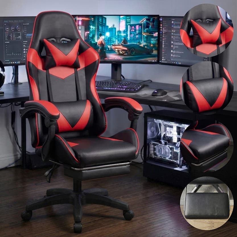 Cadeira Gamer Cor Vermelha Ergonômica Estofada Couro Sintético Giratória Com Apoio Para Os Pés