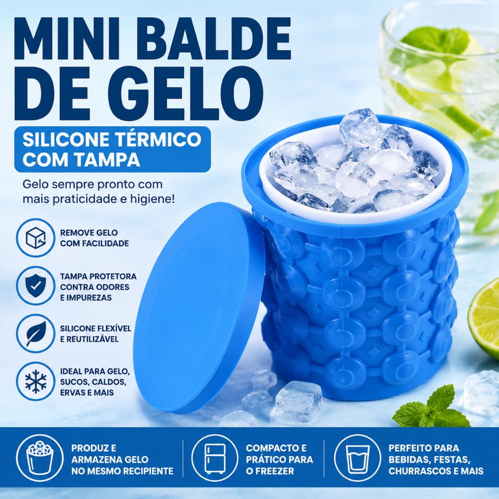 Mini Balde de Gelo Silicone Térmico com Tampa Forma de Gelo Reutilizável para Bebidas