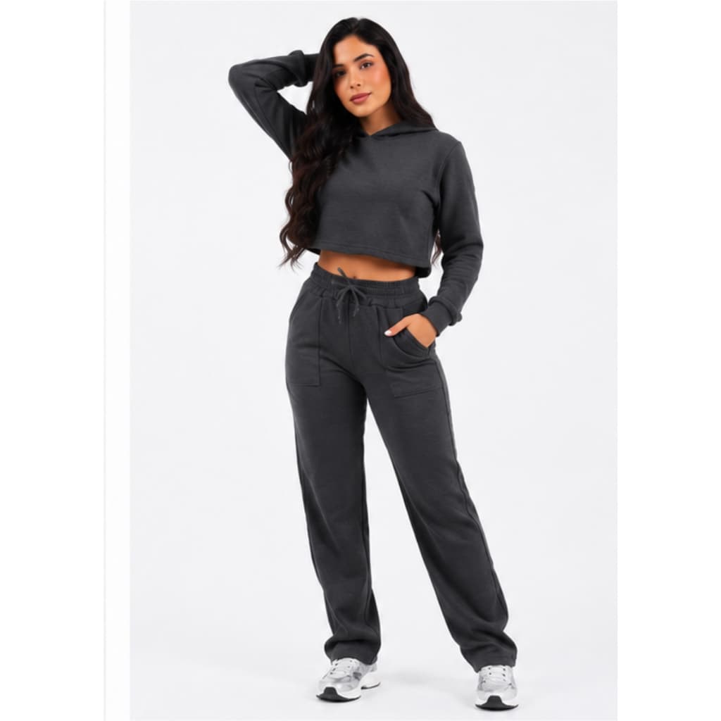 Conjunto Moletom Calça Pantalona Cropped Feminino Casual Frio Inverno Aerolook Confortável Atemporal