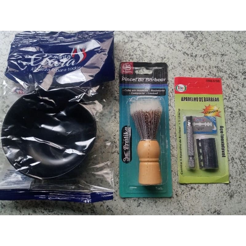 KIT C/ 1 BARBEADOR INOX SUPER RESISTENTE, RETRÔ CLÁSSICO, 1 PINCEL BARBA SUPER RESISTENTE, 1 TIJELA BARBA "SANTA CLARA".
