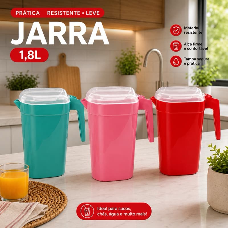 Jarra Plástica Suco 1,8L com Tampa | Cores Aleatórias | Resistente Leve Prática