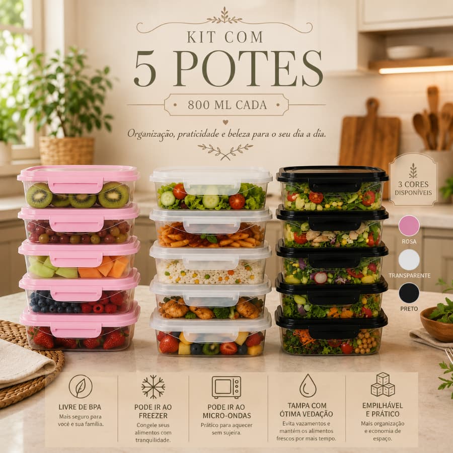 Kit 5 Potes Herméticos 800ml Marmita BPA Free Micro-ondas Freezer Tampa com Trava Cozinha Empilhavel