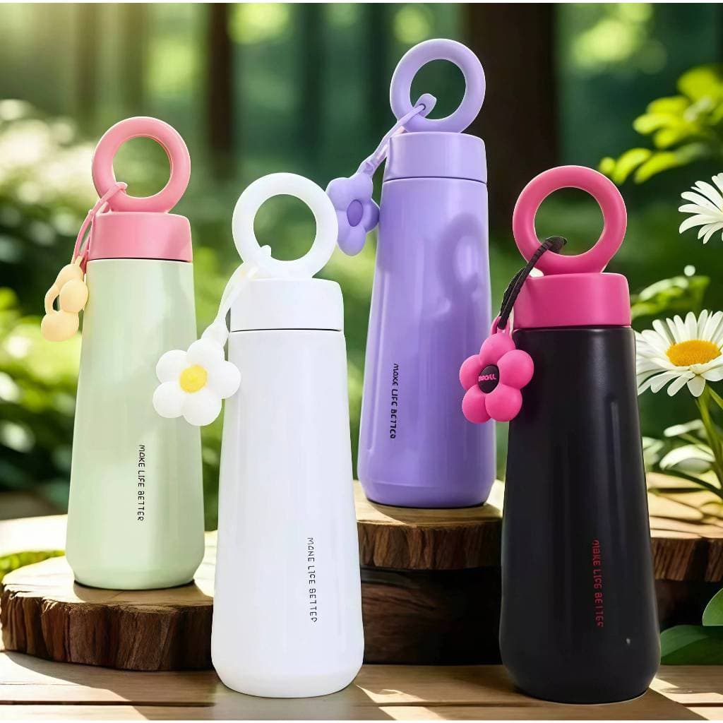 Garrafa térmica de Aço lnoxidavel 450ml com alça e Chaveiro de Flor