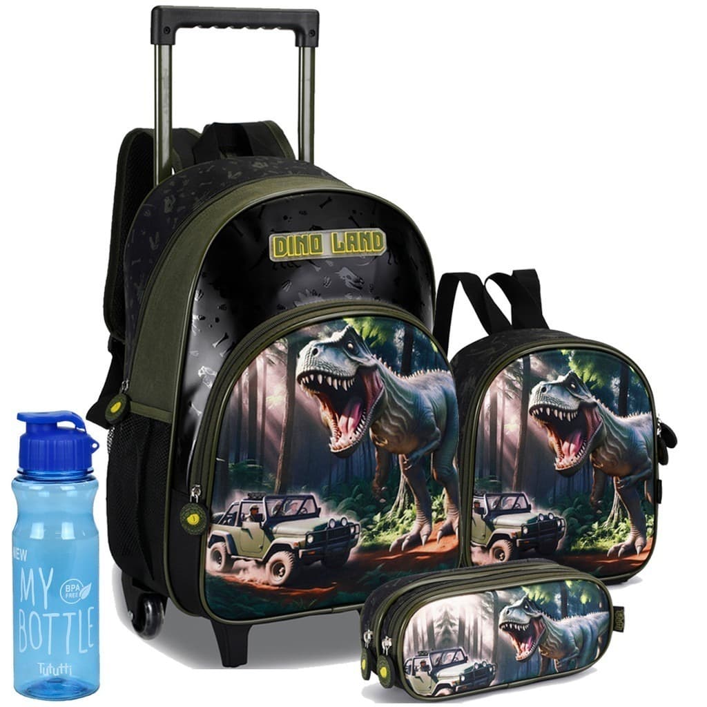 Kit Escolar Infantil Menino Dinossauro Mochila de Rodinhas 16" Lancheira Térmica Estojo Nova Rio 2026