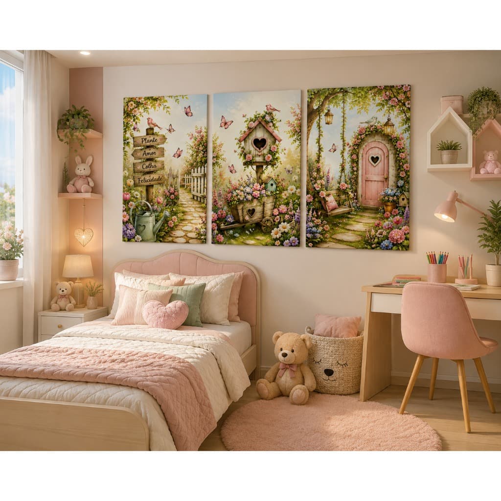 Kit 3 Quadros Decorativos Infantil Jardim Encantado Quarto Menina Casinha Flores MDF Sem Moldura
