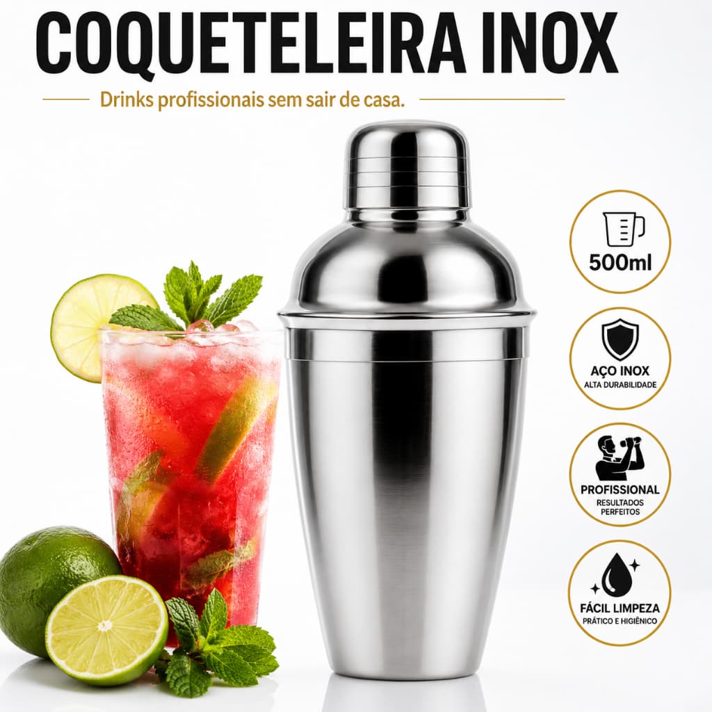 Coqueteleira Inox 500ml Profissional para Drinks | Shaker Bartender | Aço Inox Premium para Gin, Caipirinha e Coquetéis