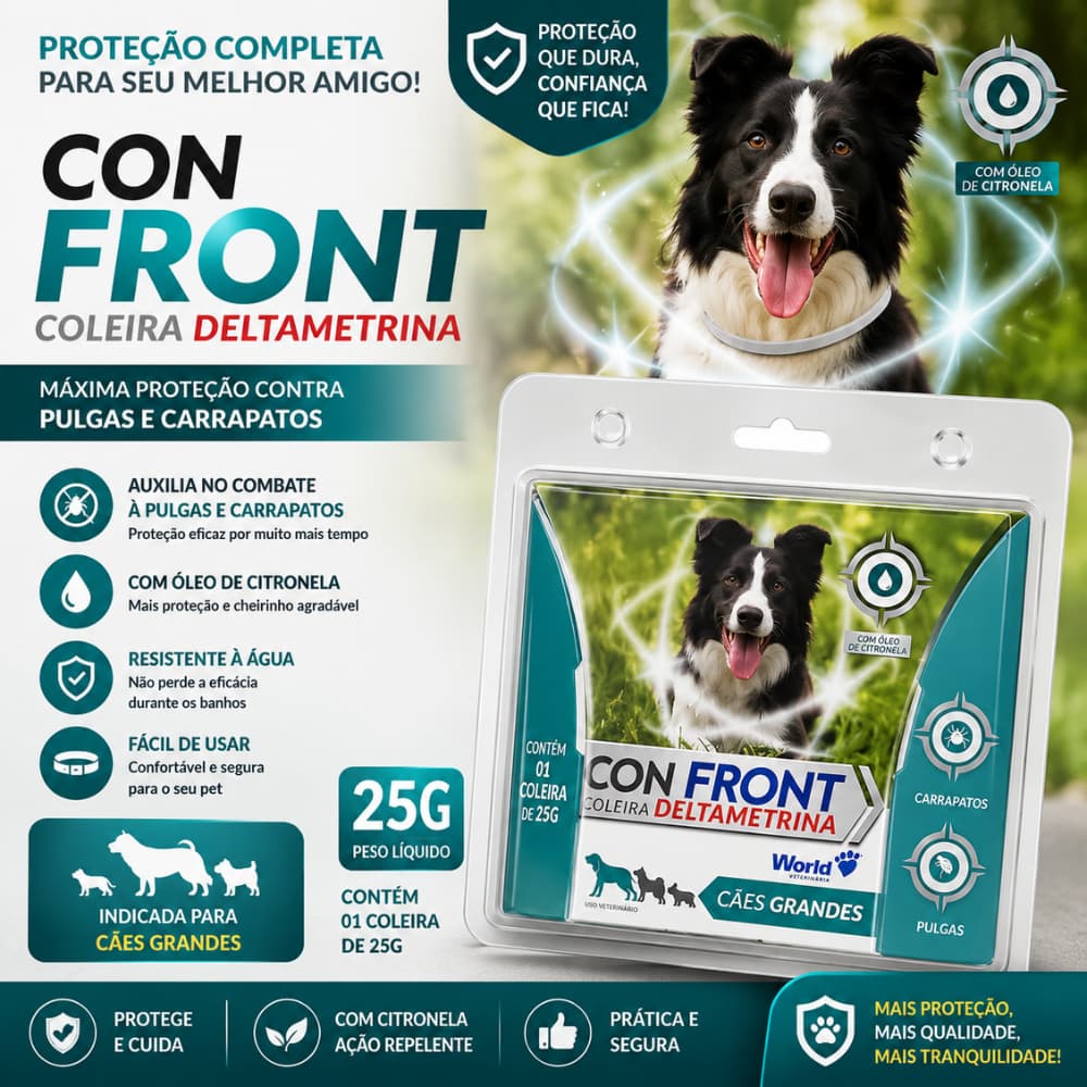Coleira Confront 25g Antipulgas Carrapatos Cães de Grande Porte – 4 Meses de Proteção Deltametrina