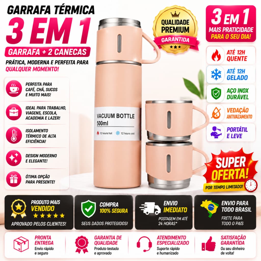 Jogo de Garrafa Térmica 500ML + 3 Xícaras Aço Inoxidável ROSA