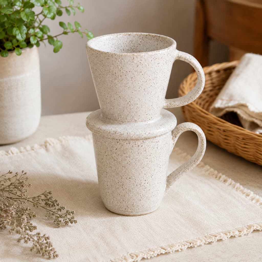 Conjunto Artesanal Branco Xícara 250ml + Coador Café Cerâmica / Passador /Cozinha Decoração Presente