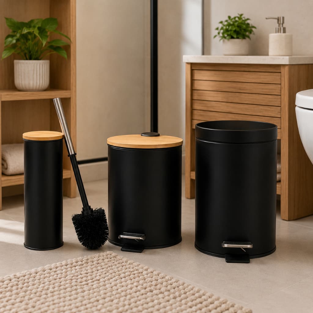 Lixeira Preta Com Pedal Com Tampa Bambu 5 Litros e Escova Sanitária Vaso Banheiro Cozinha