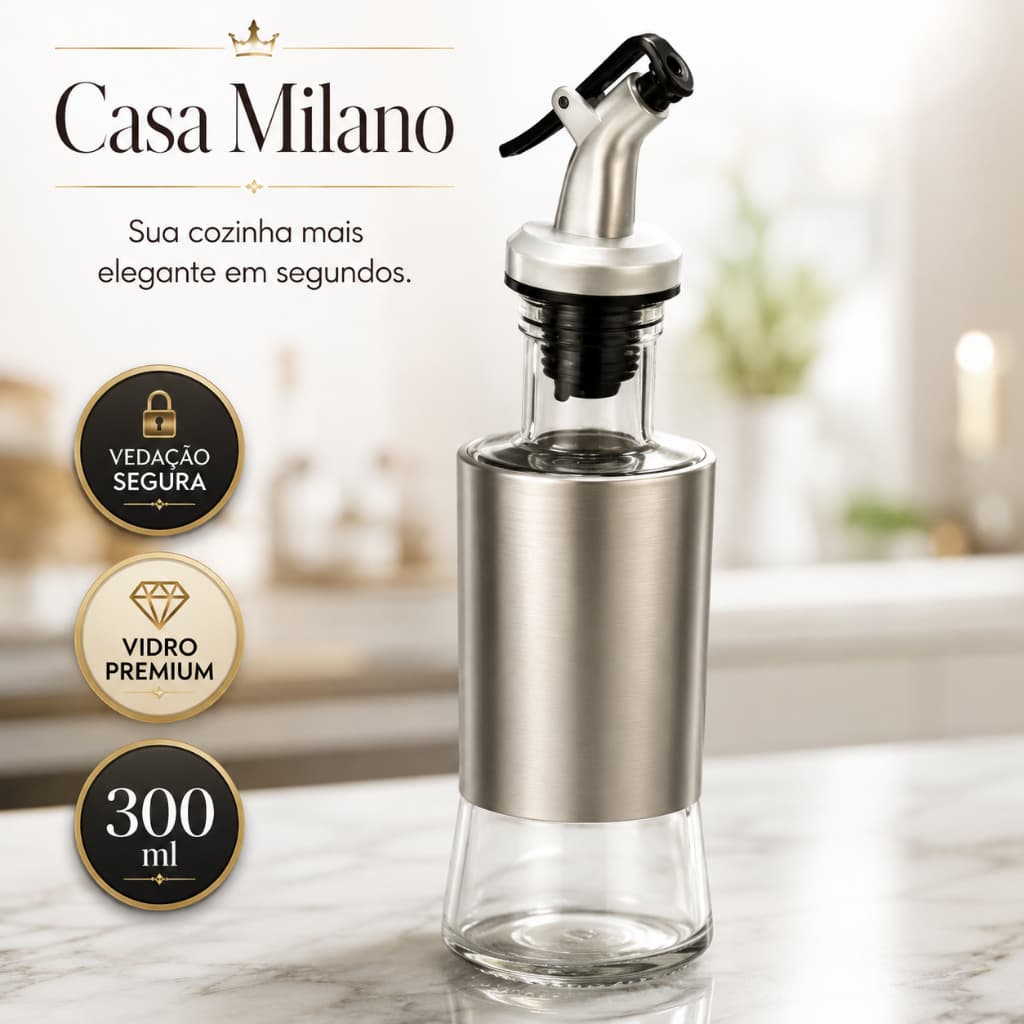 Dispenser Azeite 300ml Vidro Inox Hermético Bico Dosador Porta Óleo Vinagre Galheteiro Premium Casa Milano