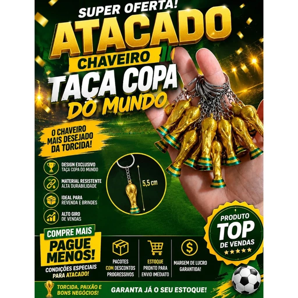 Kit Chaveiro Mini Taça da Copa do Mundo 5cm PLA PREMIUM (10, 15, 20, 30 ou 50 Unid.)