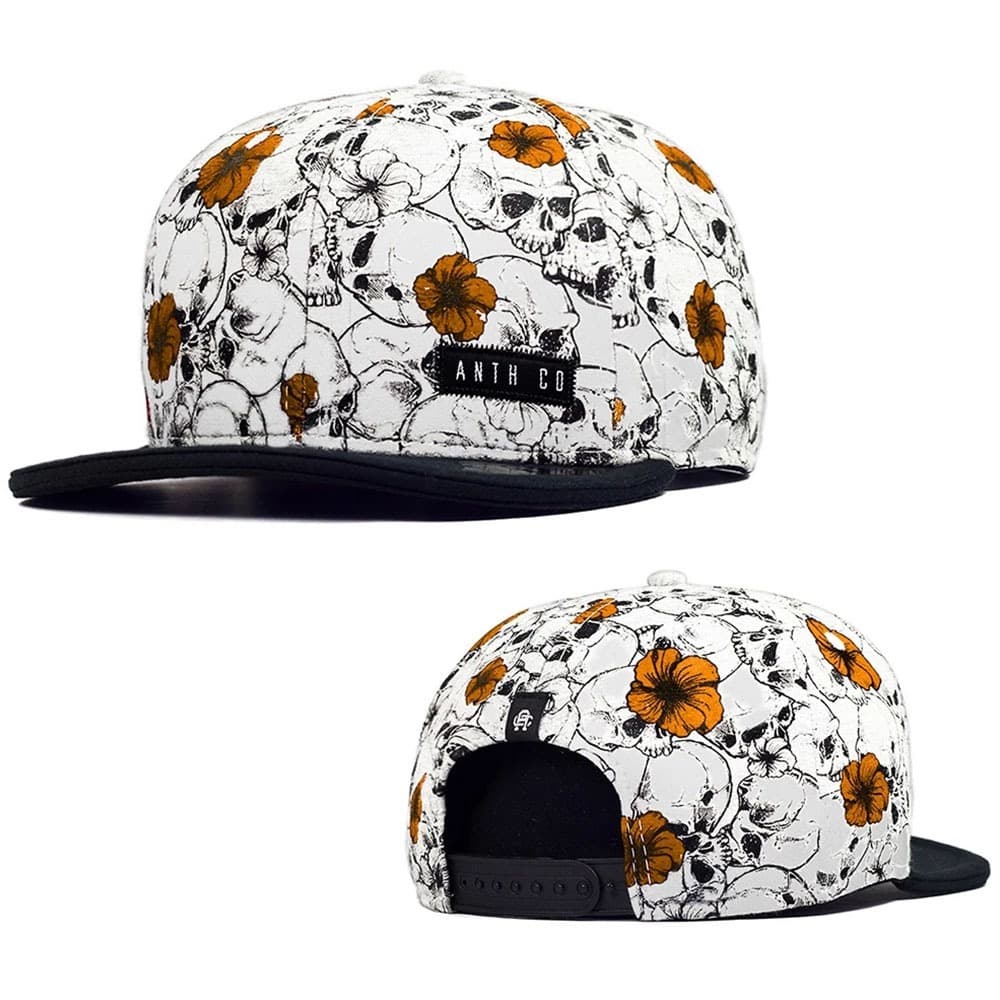 Boné Anth Co. Toten Flores Caveira Branco Amarelo Aba Reta Aberto Com Ajuste - SOG