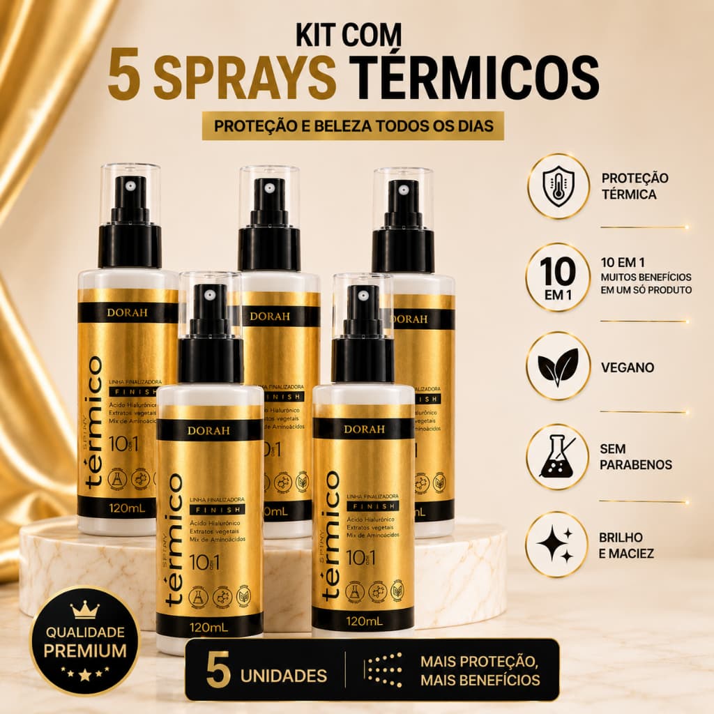 Kit 5x Spray Térmico 10 em 1 Dorah Beauty 120ml Proteção Térmica Capilar Vegano