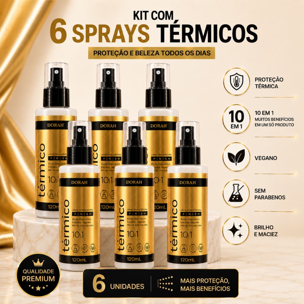 Kit 6x Spray Térmico 10 em 1 Dorah Beauty 120ml Proteção Térmica Capilar Vegano