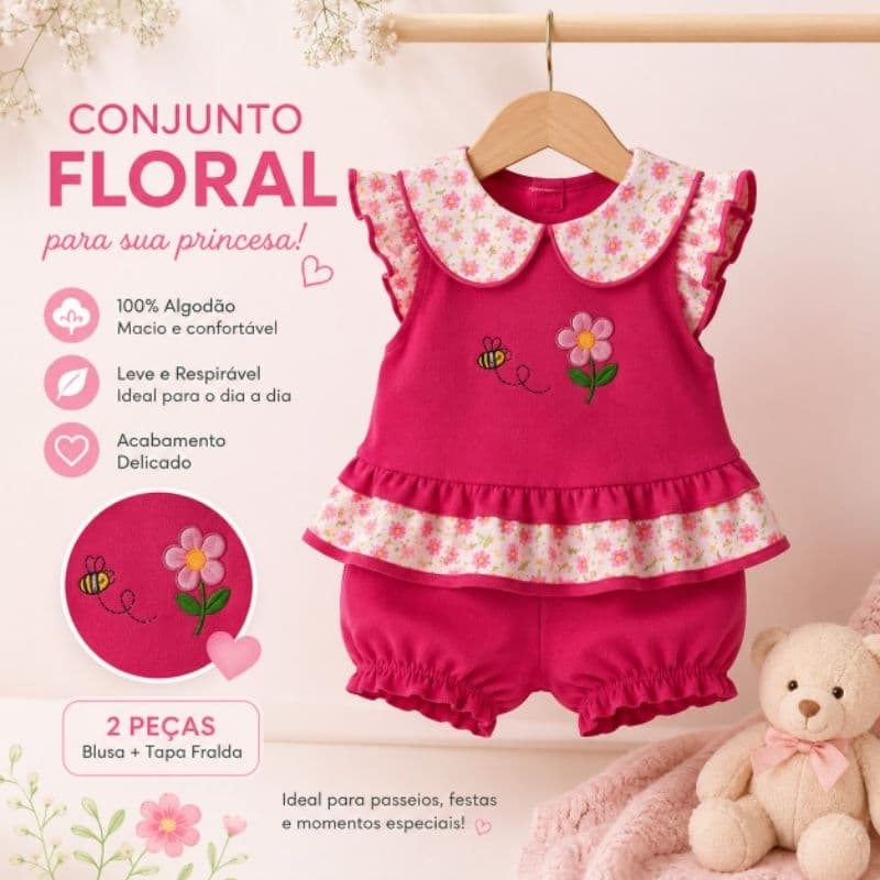 Conjunto Bebê Menina Floral Rosa Pink 2 Peças Blusa com Gola Babado e shortinho
