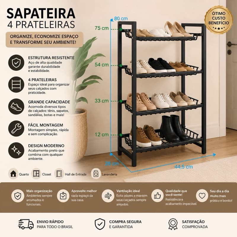 SAPATEIRA ORGANIZADORA MULTIUSO 4 ANDARES MODERNA RESISTENTE ORGANIZAÇÃO