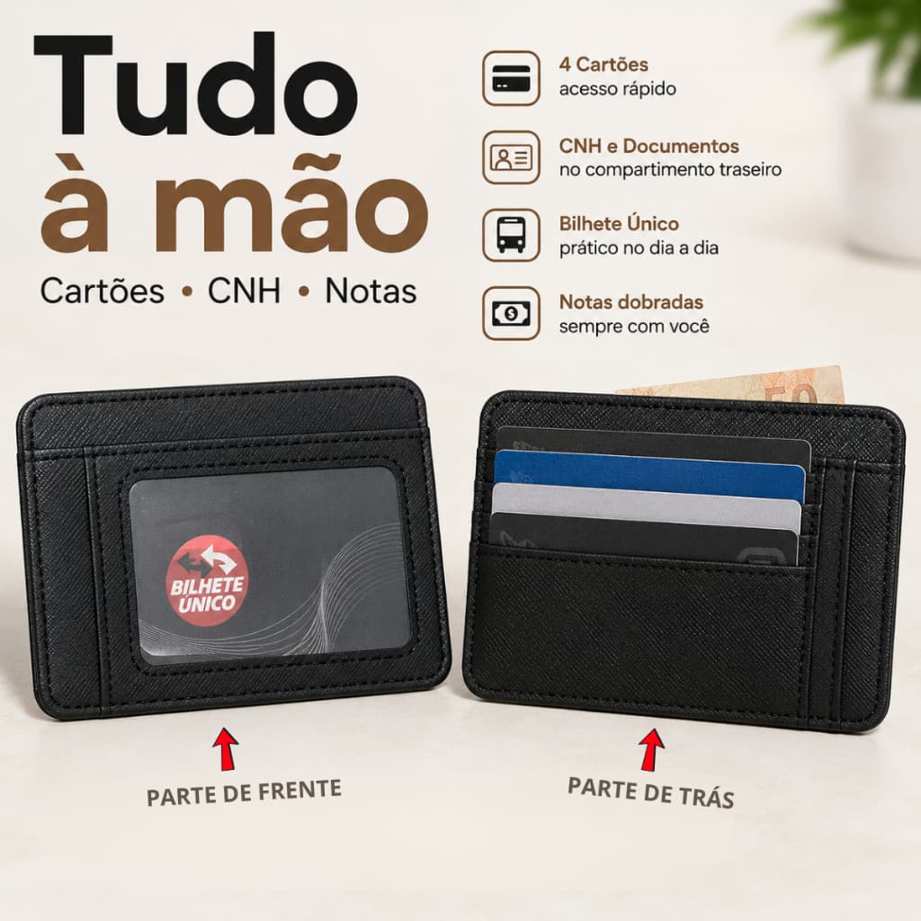Porta Cartão Slim Masculino Carteira Compacta Pequena CNH Documento Preto