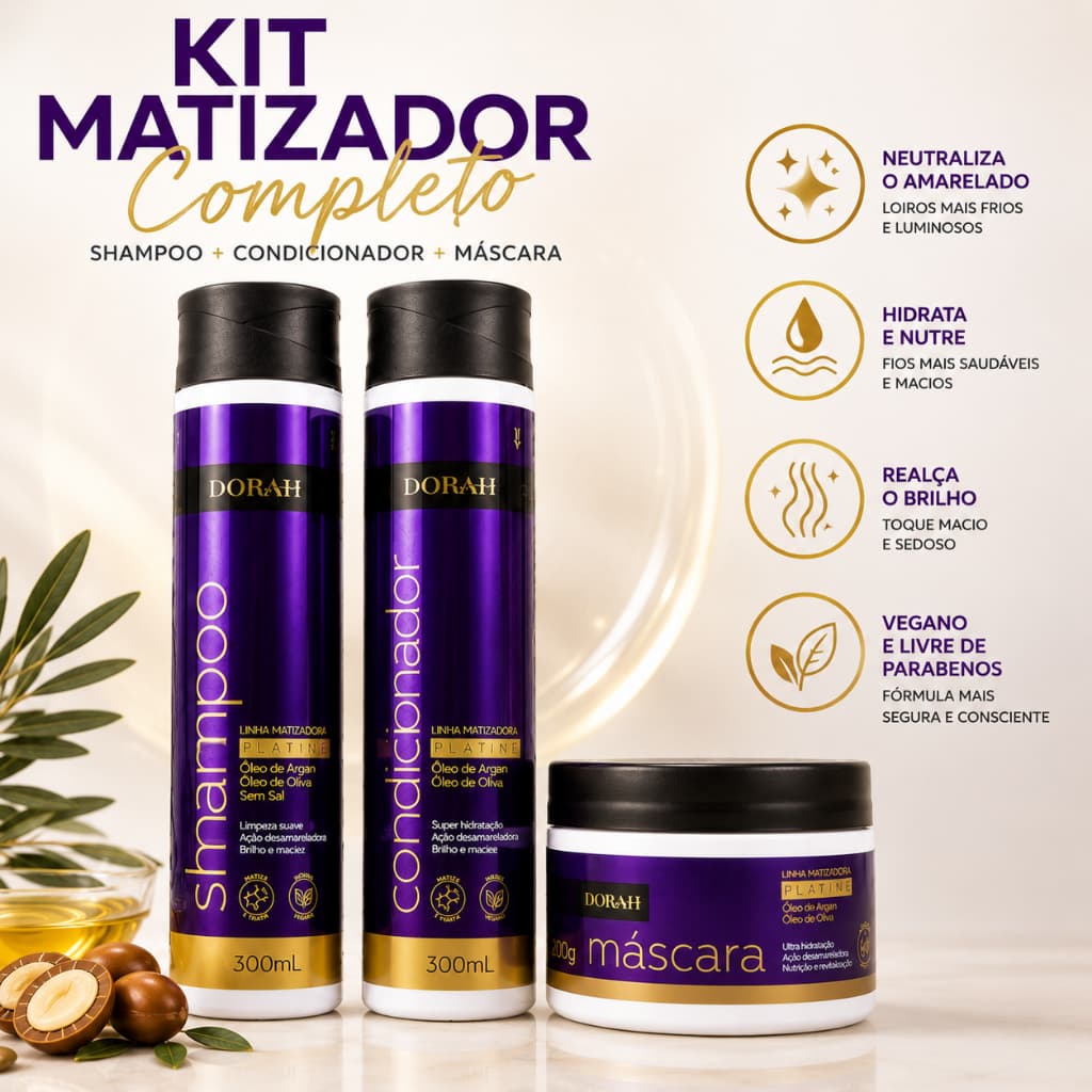 Kit Matizador Shampoo + Condicionador + Máscara Dorah Beauty Platine