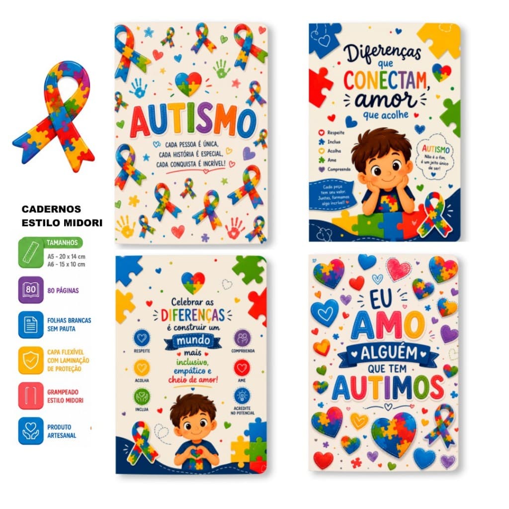 04 Cadernos Tema Autismo - caderneta A5 ou A6 - 80 páginas - folhas grampeadas brancas sem pauta - estilo Midori