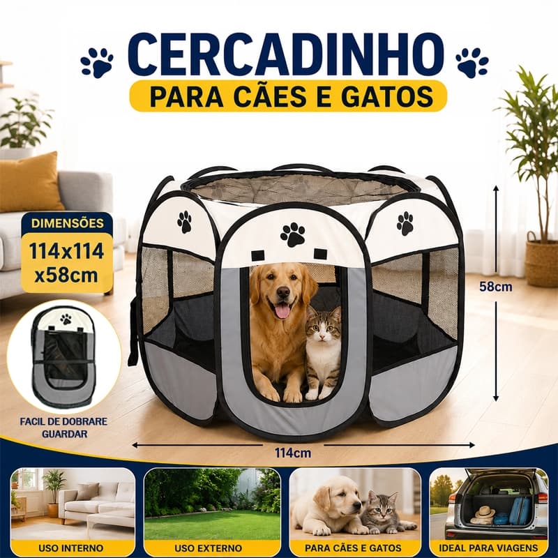 Cercado Pet Dobrável 114cm para Cães e Gatos com Tela Respirável Canil Portátil Amplo Espaço
