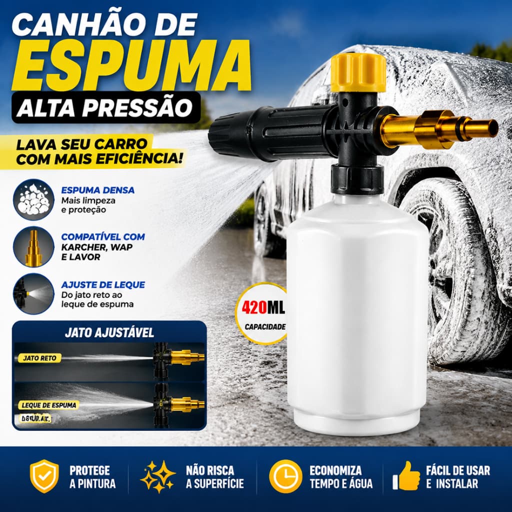 Canhão de Espuma Alta Pressão Snow Foam – Para Karcher, WAP, Lavor – Carro/Moto
