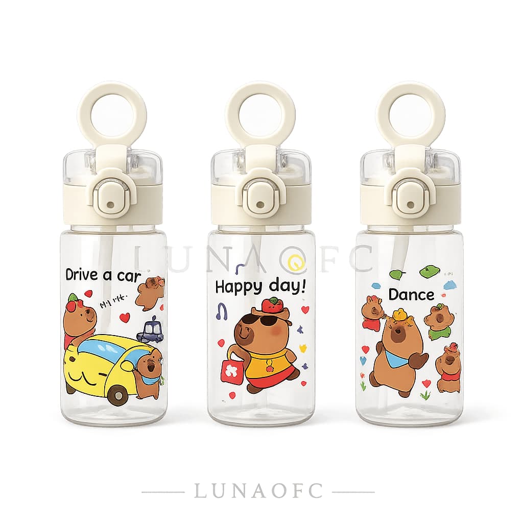 Garrafa Infantil Com Canudo Tampa Flip Capivara Alça Escolar Transparente Reutilizável 500ml Sem BPA