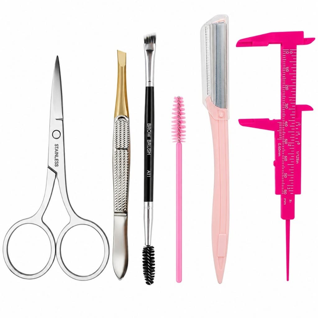 Kit Pincel Design Sobrancelhas Paquímetro Escovinha Pinceis Navalha Tesourinha