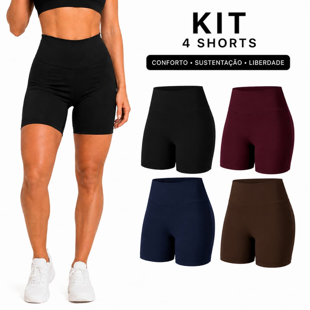 Kit 4 Shorts Academia Feminino Cintura Alta Compressão Zero Transparência Fitness Levanta Bumbum